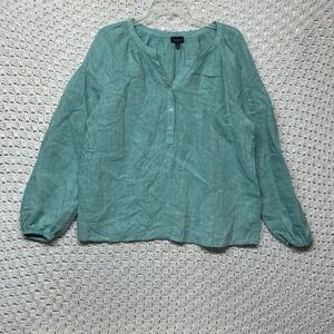 Talbots Lantern Sleeve 100%Linen Popover Top Women Sz L Green Coastal Cross